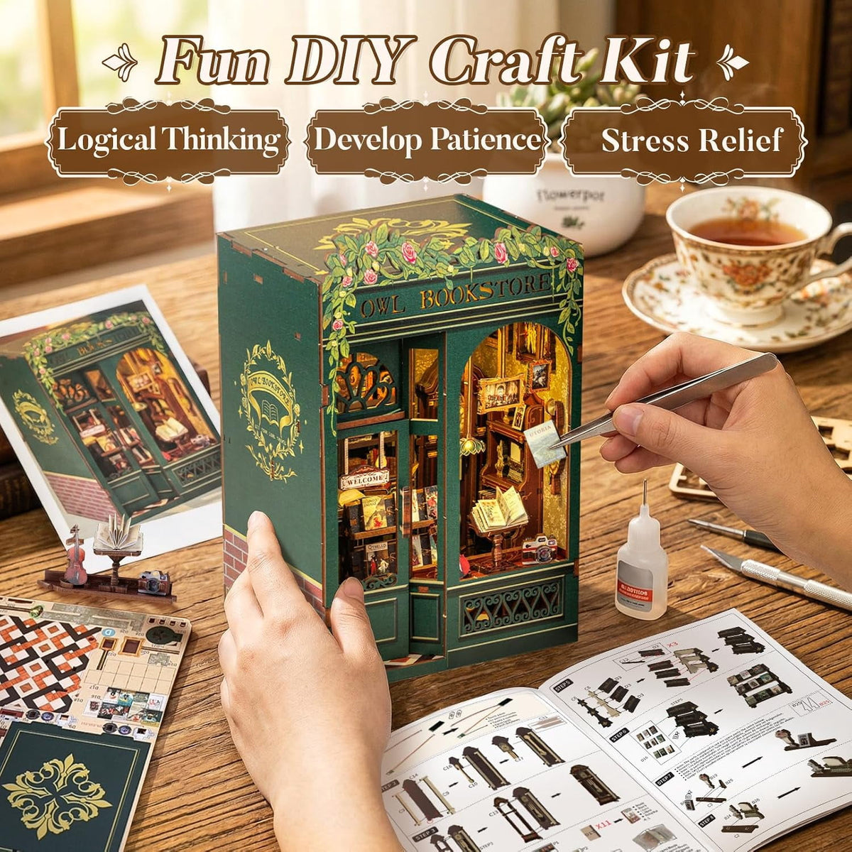 DIY Book Nook Kit, Owl Bookstore Miniature Dollhouse Bookend, Wooden 3D Puzzle Book Corner with LED Light, Handmade Mini House Model Kit for Bookshelf Decor, Gift for Adults & Teens