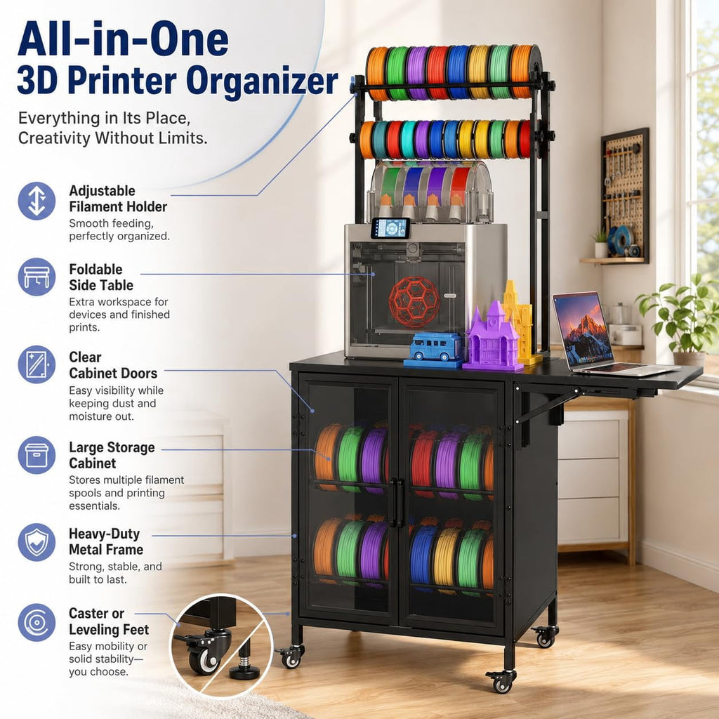 Heavy Duty 3D Printer Stand with Filament Storage Rack, Mobile 3D Printer Workbench with T-Shaped Filament Spool Holder, Lockable Wheels & Storage Shelves for Home Office Workshop (Style A)