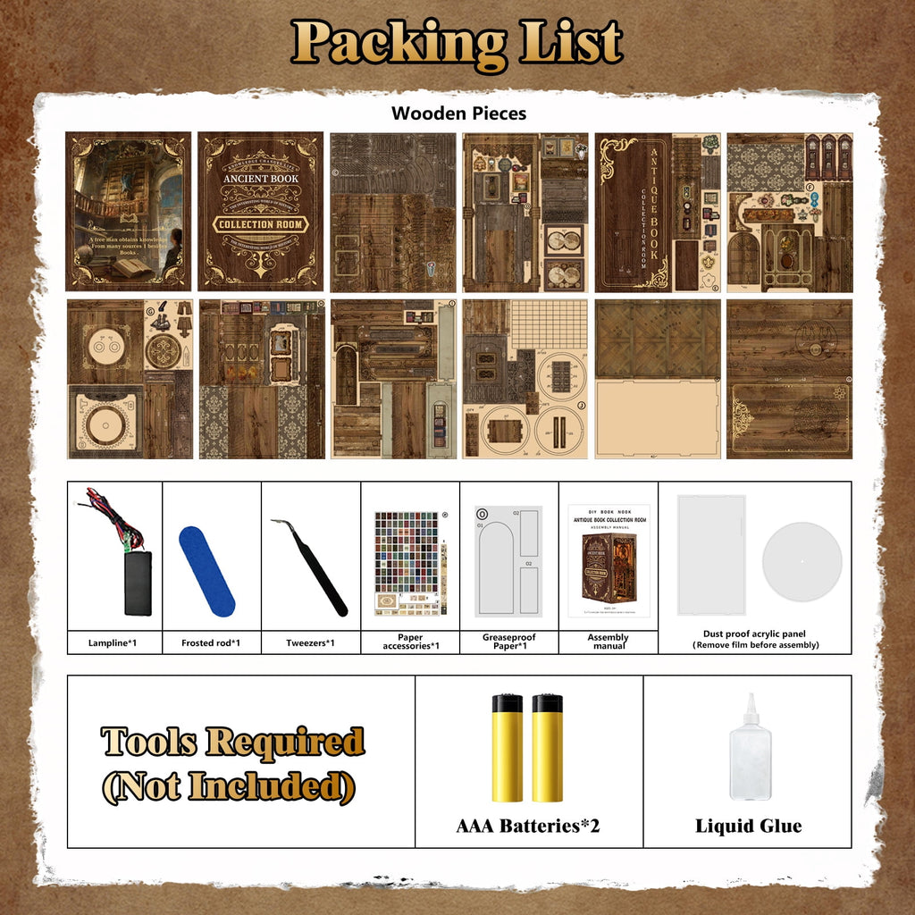 Book Nook Kit for Adults, 3D Wooden Puzzle with LED Light, Ancient Book Collection Model Bookshelf Decor, DIY Miniature MDF Bookshelf Craft Decor