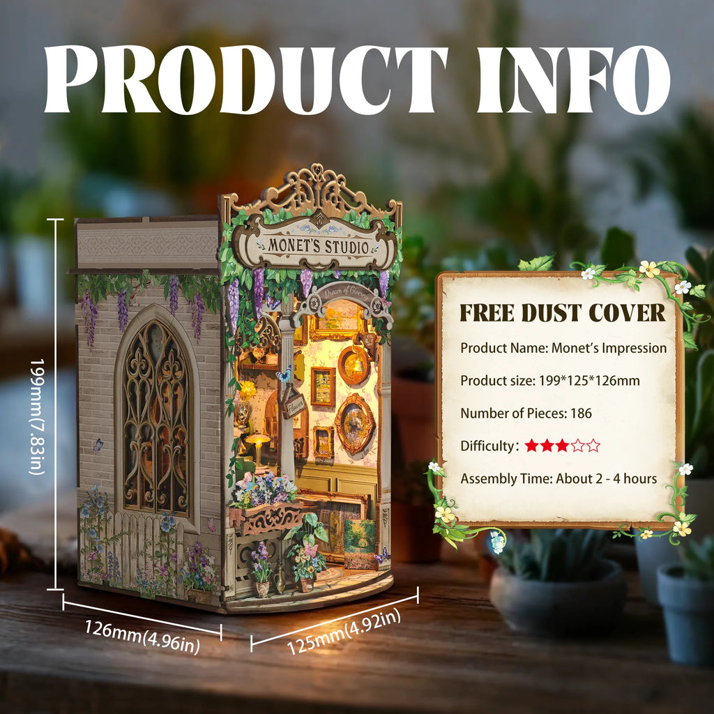 Strucwood DIY Book Nook Kit Monet's Impression Wooden Puzzles with LED Dust Cover,3D Crafts Hobbies Gifts for Adults（SQ-81）