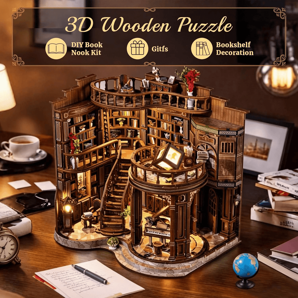 Feuymoent DIY Miniature Dollhouse Book Nook Kit, 3D Wooden Puzzle Book Nook Craft Bookshelf Decor, Adult Craft Kits Gift with Led Light