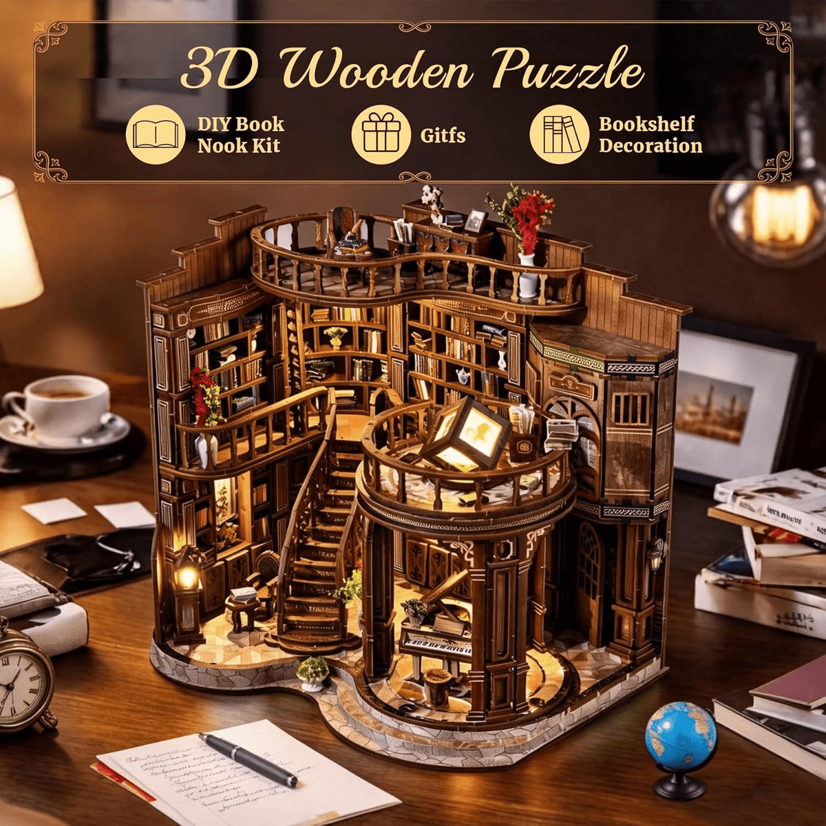 Feuymoent DIY Miniature Dollhouse Book Nook Kit, 3D Wooden Puzzle Book Nook Craft Bookshelf Decor, Adult Craft Kits Gift with Led Light