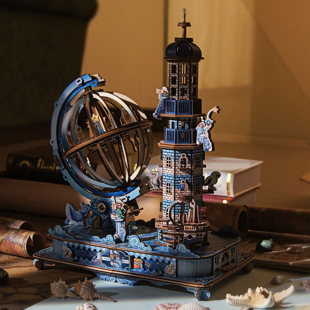 3D Wooden Puzzle Seaside Lighthouse Cabin Coastal Village Desk, 360 PCS, DIY Assembly Miniature Building Model Kit For Home Decor, Shelf Display And Creative Gifts