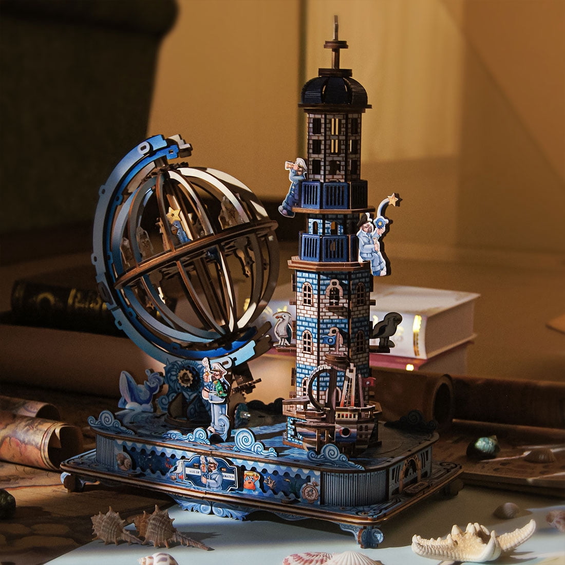 3D Wooden Puzzle Seaside Lighthouse Cabin Coastal Village Desk, 360 PCS, DIY Assembly Miniature Building Model Kit For Home Decor, Shelf Display And Creative Gifts