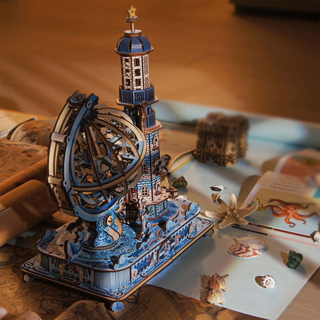 3D Wooden Puzzle Seaside Lighthouse Cabin Coastal Village Desk, 360 PCS, DIY Assembly Miniature Building Model Kit For Home Decor, Shelf Display And Creative Gifts