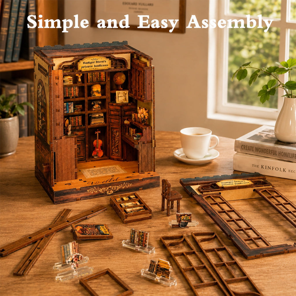 MOJINO DIY Book Nook Kit with LED Light, 172-Piece Miniature Library Dollhouse Kit, 3D Wooden Puzzle Bookshelf Insert, Retro Bookstore Craft Kit for Adults Teens and Book Lovers