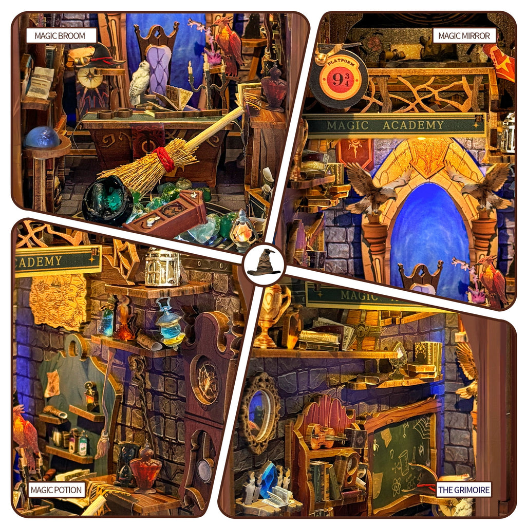 Strucwood DIY Book Nook Kit Magic Academy: 3-Color LED, Remote Control & Dust Cover, 3D Wooden Puzzle Gift for Adults（SQ-38）