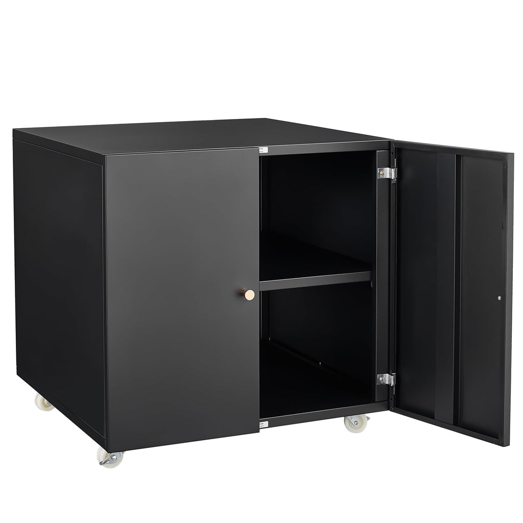 Heavy Duty Metal Printer Stand with Lockable Doors - Adjustable Shelf & Wheels - Large Mobile Filing Cabinet for Office Storage, 3D Printers, Copiers, Heat Press - 90kg Capacity - White, Big