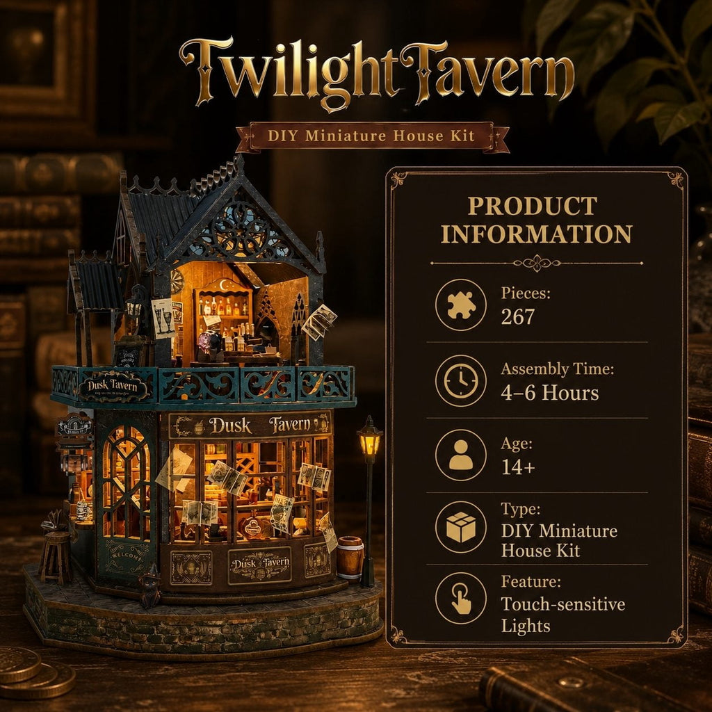 Twilight Tavern DIY Miniature House Kit – Wooden 3D Puzzle with LED Lights, Creative Building Model & Relaxing Craft Gift