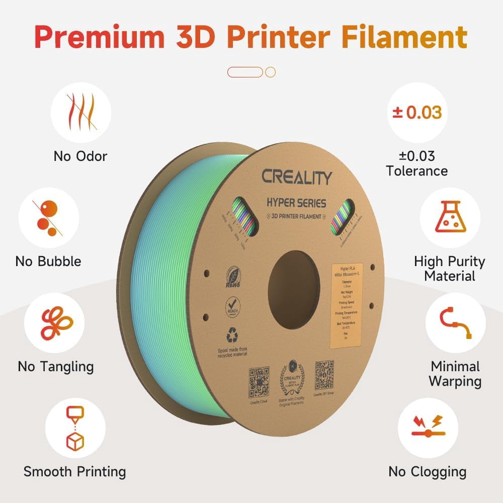 Creality Hyper Rainbow PLA 3D Printing Filament Smooth Vibrant Gradients 300mm/s Printing Speed 2.2lb-Wild Blossom(Short)