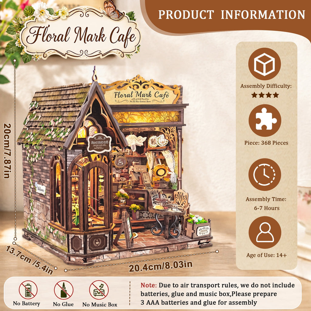 MOJINO Book Nook Kit for Adults, Floral Mark Cafe DIY Miniature House Kit with LED Light, 3D Wooden Puzzle Bookshelf Decor Craft Kit, 368 Pieces