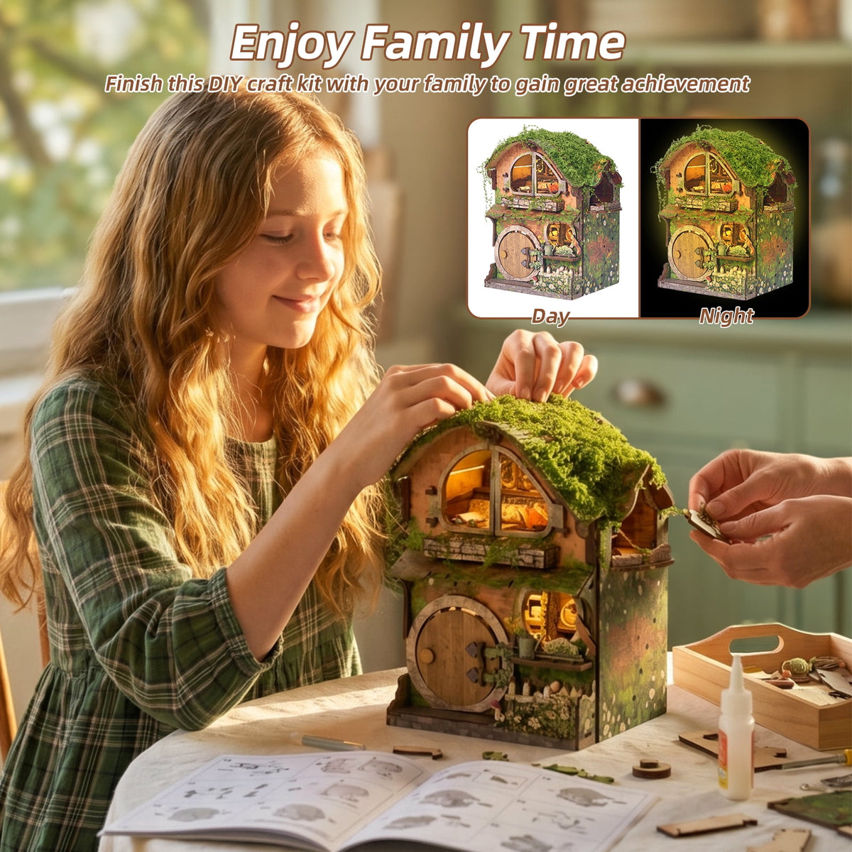 DIY Book Nook Kit for Adults, 3D Wooden Puzzle Tiny House Bookshelf Decor with LED Light, DIY Miniature House Kit Gifts for Family and Friends