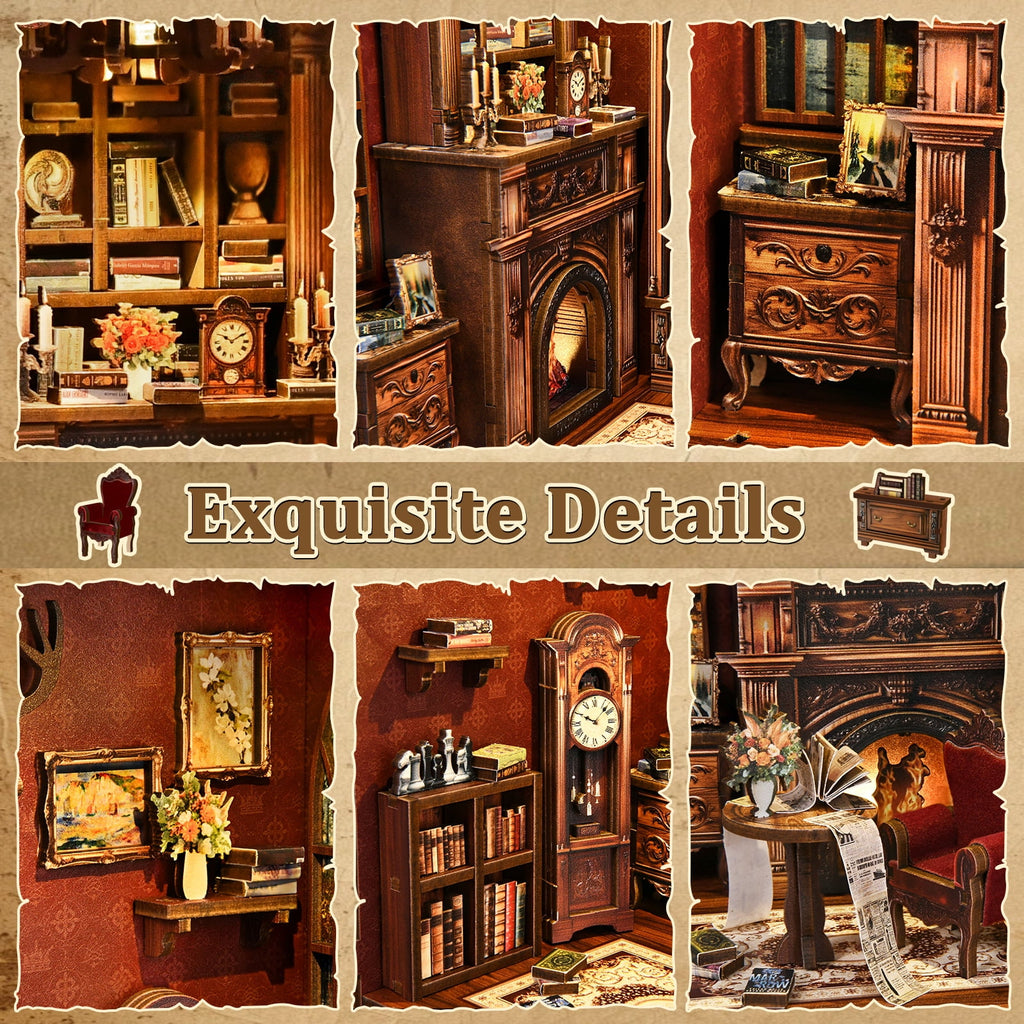DIY Book Nook Kit – 3D Wooden Puzzle Miniature House Bookshelf Insert with LED Light, Craft Kit for Adults & Teens, Library of Glimmers