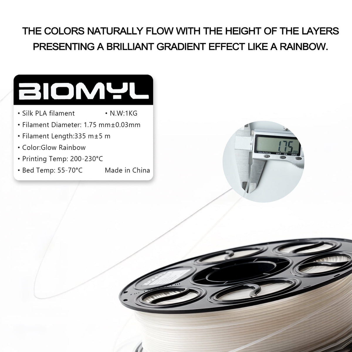 BIOMYL PLA 3D Printer Filament, PLA Filament 1.75mm Metal Gradient Color silk PLA, Tri Gold/Silver/Copper, 1kg Spool, Accuracy +/- 0.03mm
