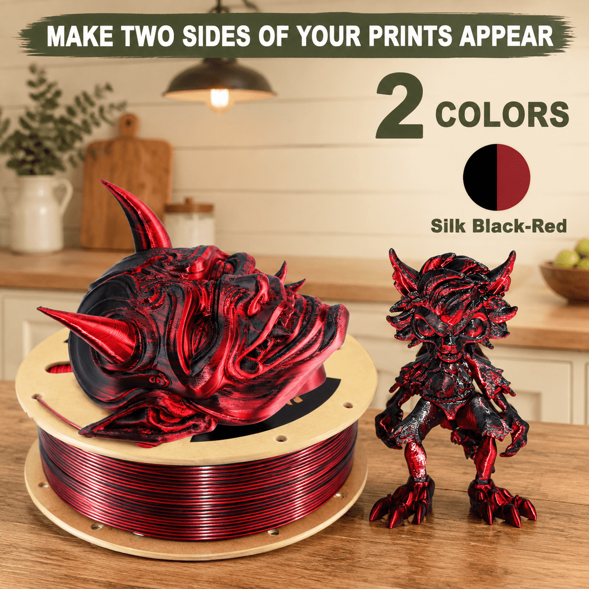 Pla 3d Printerment Silk Bundle 2kg 1.75mm Shiny Dual Color Change By Angle Printing Of Black/red 1kg X 2 Spools