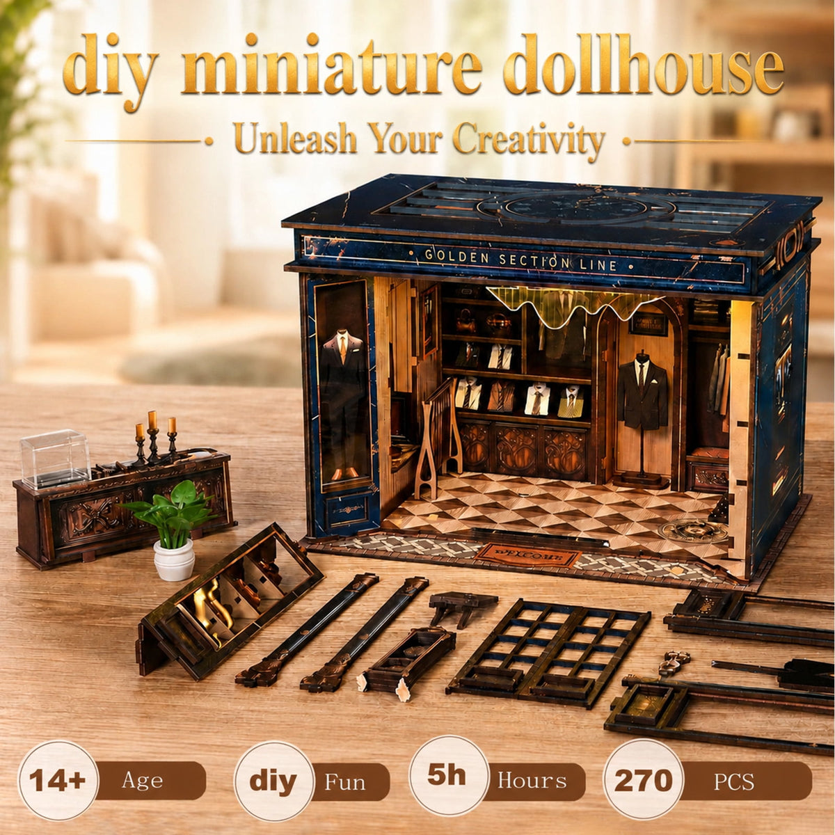 MOJINO Book Nook Kit for Adults, DIY Miniature House Kit, 3D Wooden Puzzle Bookshelf Decor, Suit Shop Craft Kit, Golden Section Line