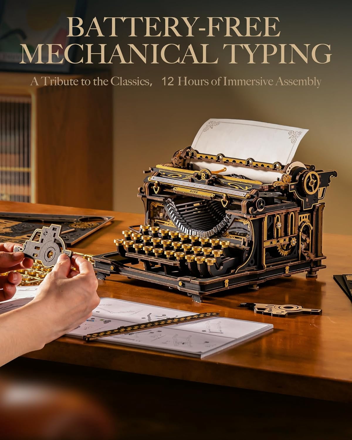 ROKR Vintage Typewriter 3D Wooden Puzzle Kit Mechanical Model with Moving Keys and Paper Roller, Retro Desktop Decor Craft for Adults