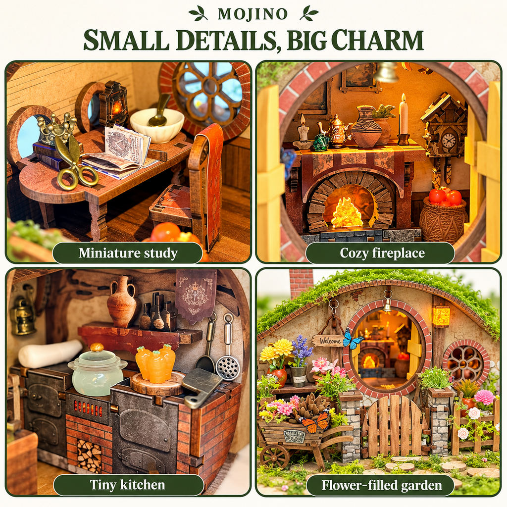 MOJINO Book Nook Kit, DIY Miniature House 3D Wooden Puzzle, 193-Piece Magic Ring House with LED Lights, Christmas Gift