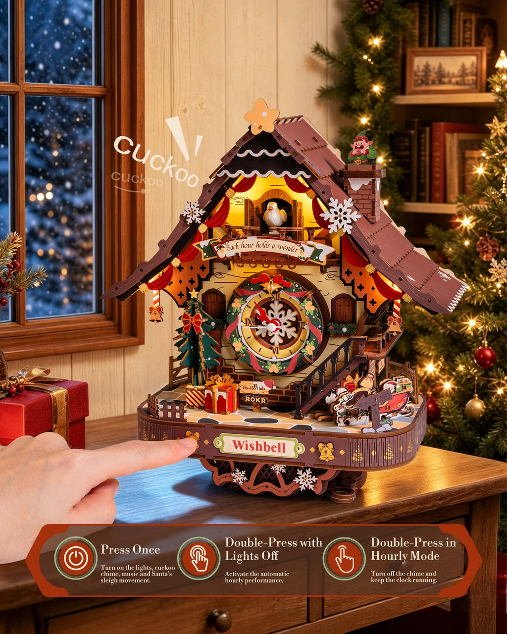 ROKR Christmas Cuckoo Clock, Wooden 3D Puzzle Mechanical Model Kit with LED Light and Moving Parts, Holiday Home Decor Display Xmas Gift for Adults