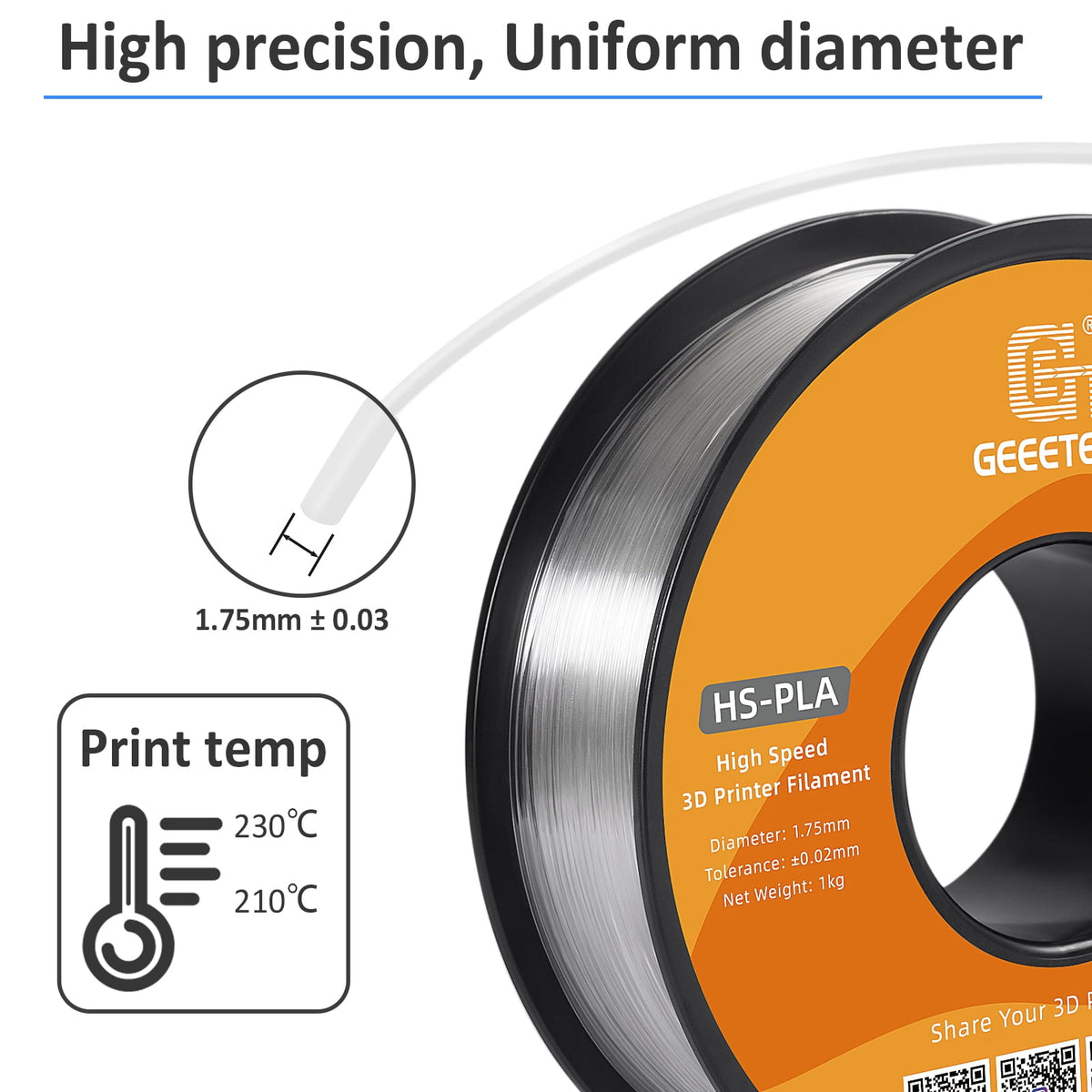 Geeetech 1.75mm PLA 3D Printer Filament, 1kg Spool (2.2lbs), Dimensional Accuracy +/- 0.03mm,yellow