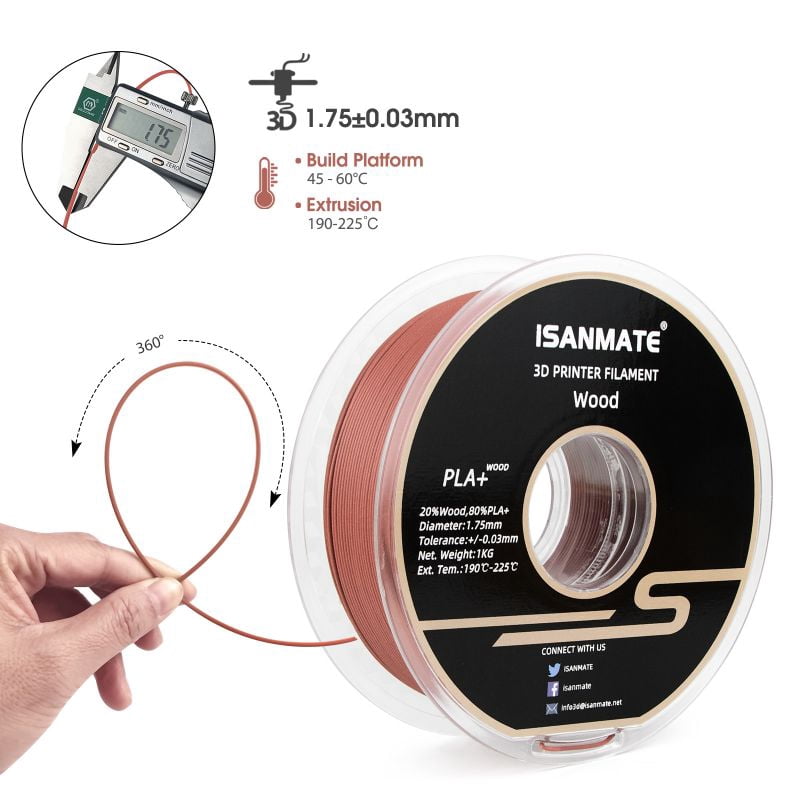 iSANMATE 1.1KG Wood PLA 3D Printer Filament, 1.75mm Cherry Wood Color, Real Wood Texture, ±0.03mm for FDM 3D Printers