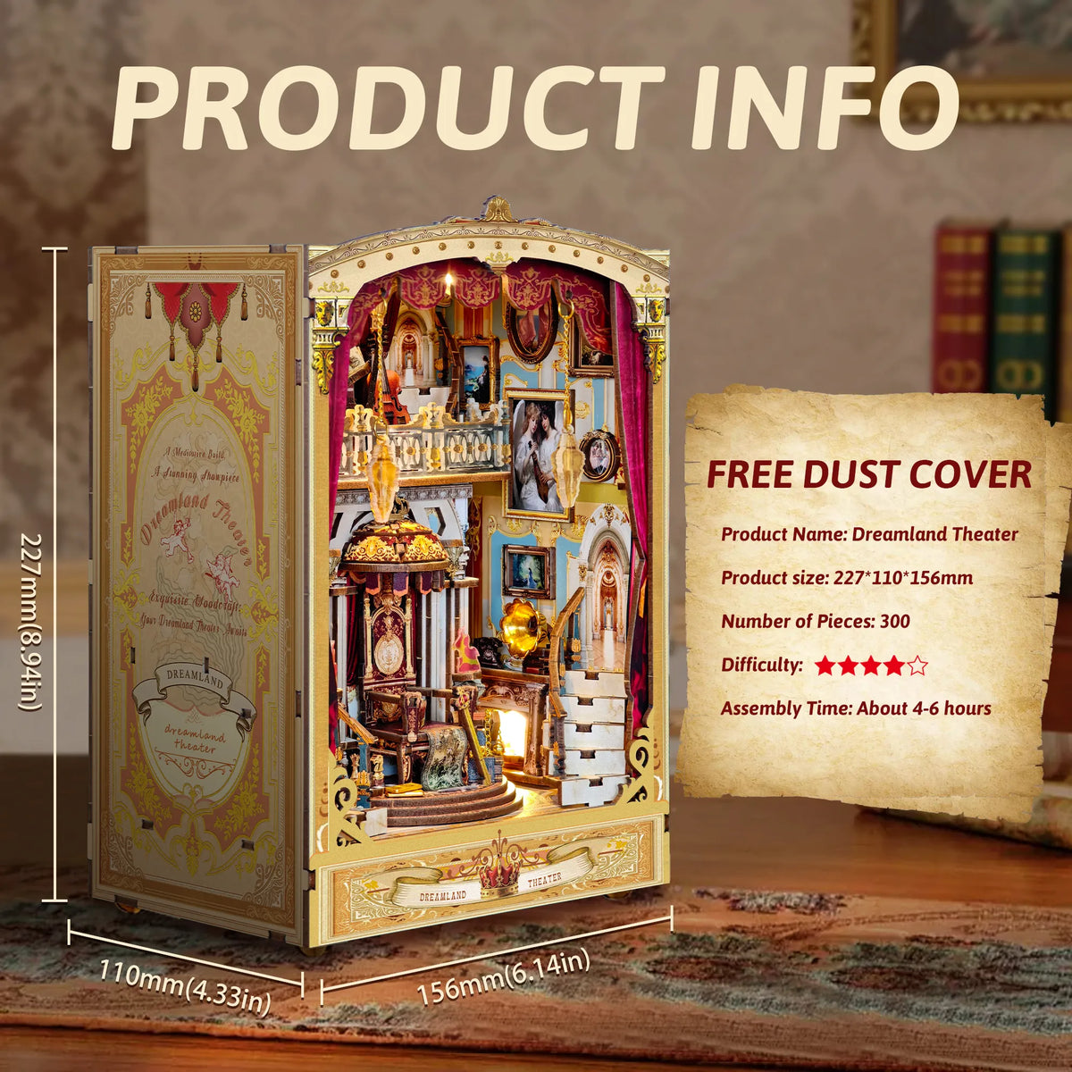 Strucwood DIY Book Nook Kit Dreamland Theater Wooden Puzzles with LED Dust Cover,3D Crafts Hobbies Gifts for Adults（SQ-64）