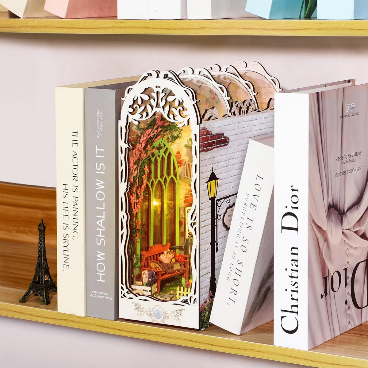 DIY Book Nook Kit - Bookend Diorama with LED - 3D Wooden Puzzle DIY Miniature House Kits - Bookshelf Insert Decor - Booknook Dollhouse Crafts Hobbies Gifts for Adults (Garden House)