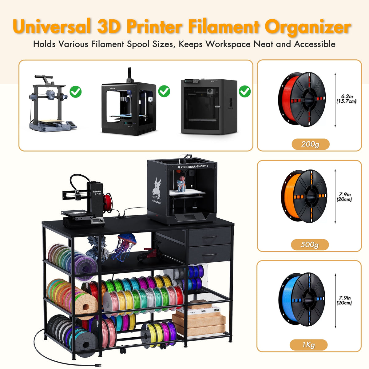 Advwin 47" Heavy Duty 3D Printer Stand with Power Outlet, Pull-Out Rolling Filament Storage Rack, 2 Fabric Drawers & Open Shelves, 3D Printer Table Workstation for Home Office Studio, Black