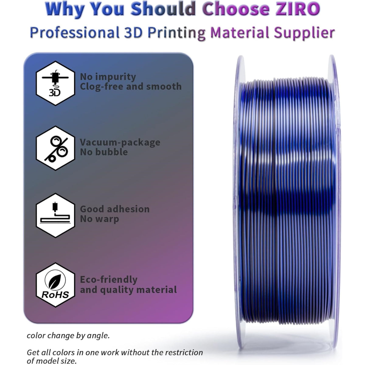 Ziro 3D Tri-color Silk PLA 1.75mm 1kg, Indigo Satin