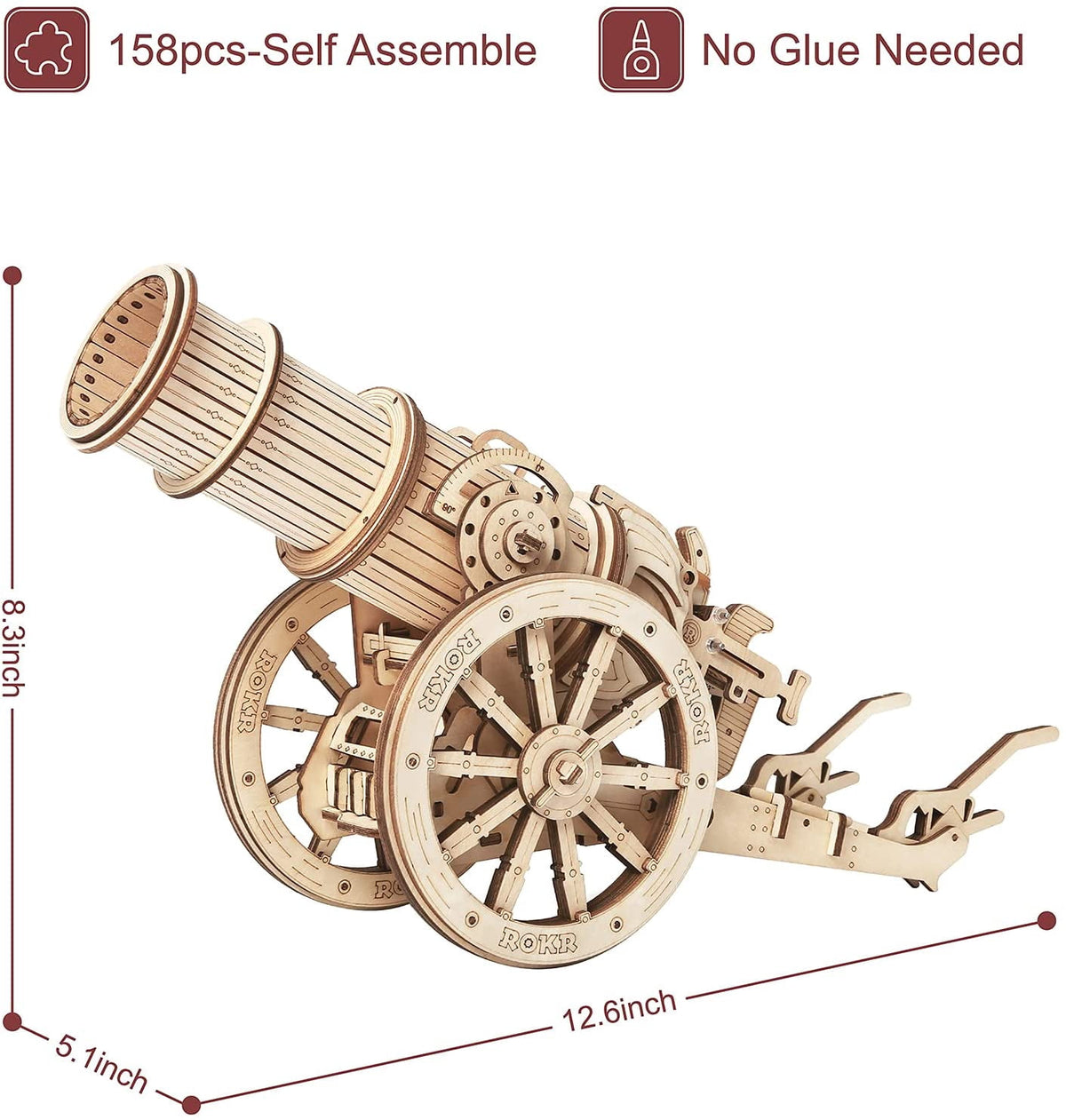 ROKR 3D Wooden Puzzle 158 Pieces Diy Model Toys Medieval Wheeled Cannon Brain Teaser Gift for Kids