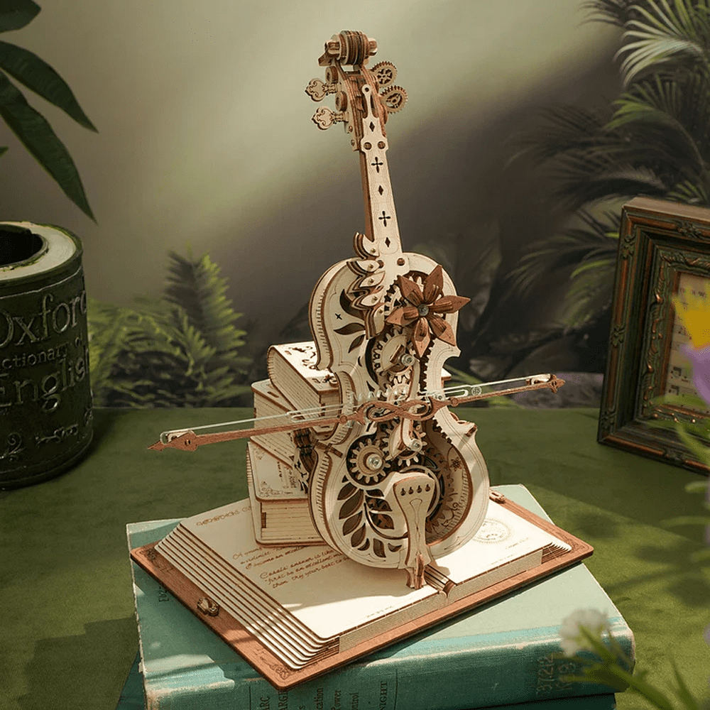 ROKR 3D Puzzle Music Box Wooden Model Kit Magic Cello Mechanical Building Kit Desk Gift for Men Women Hobby for Adults