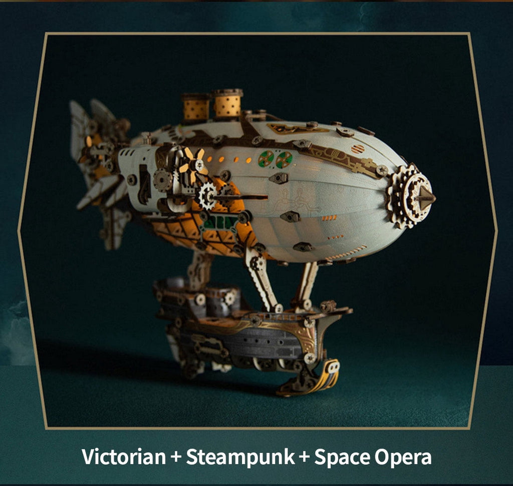 Steampunk Airship Blimp 3D Wooden Puzzle Model Kit with LED Lights, Vintage Desk Decor Craft Gift for Adults