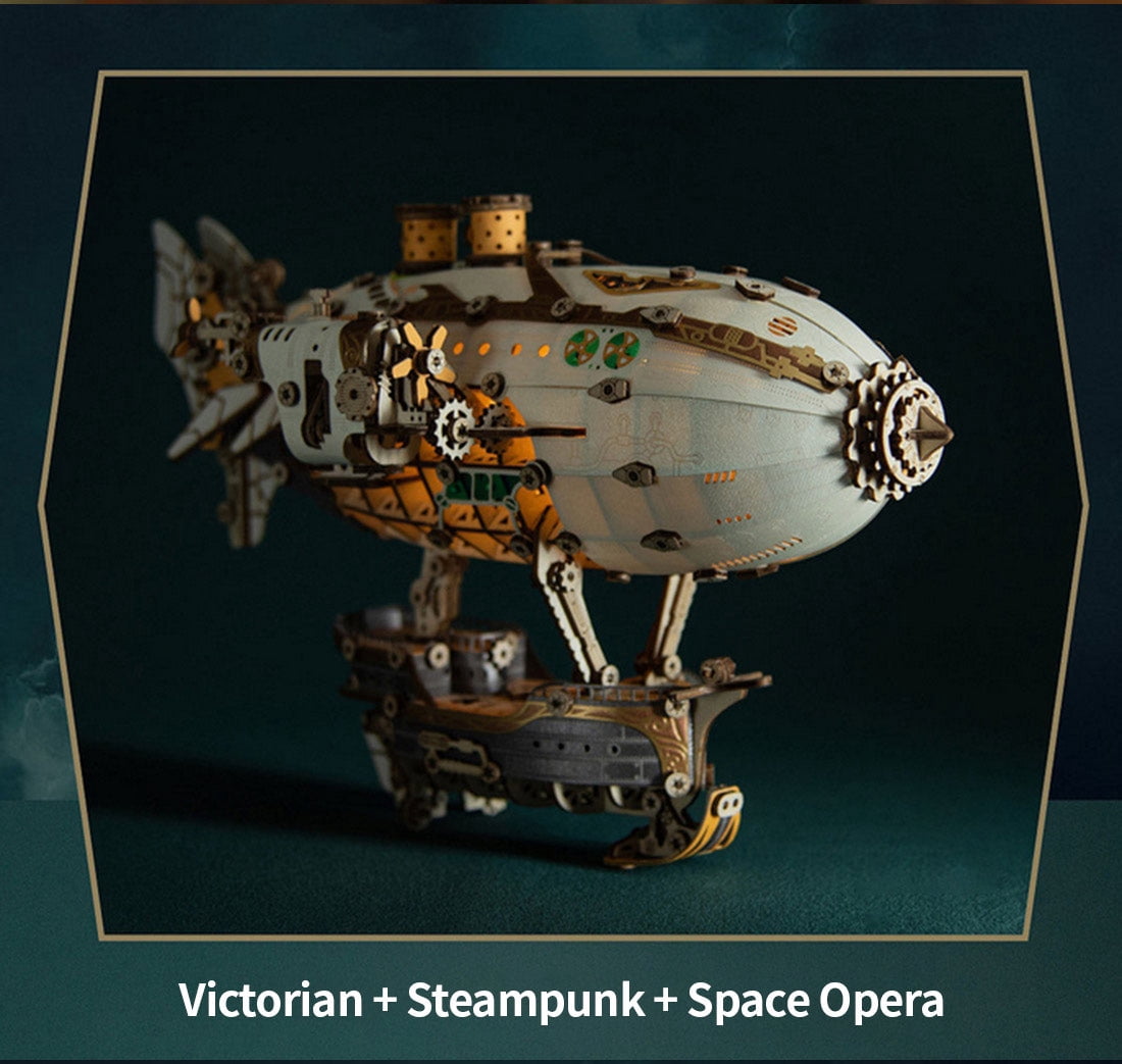 Steampunk Airship Blimp 3D Wooden Puzzle Model Kit with LED Lights, Vintage Desk Decor Craft Gift for Adults