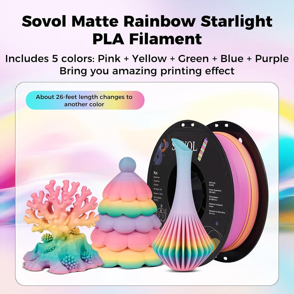 3D Printer Matte Multicolored Fast Change Gradient Rainbow PLA 1kg (2.2 lbs) Spool 3D Printing Materials, Dimensional Accuracy +/- 0.03 mm, 1.75 mm, Matte Starlight