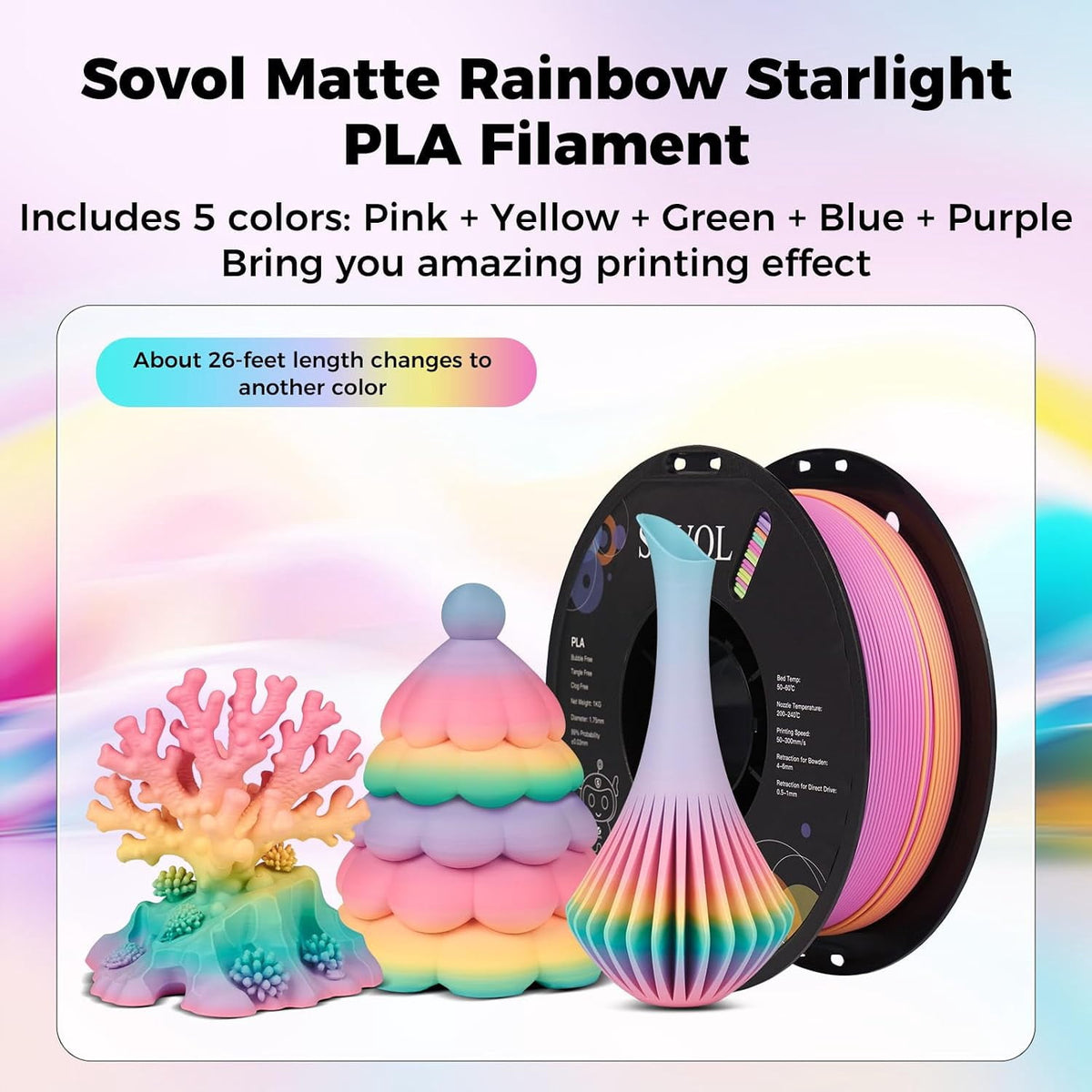 3D Printer Matte Multicolored Fast Change Gradient Rainbow PLA 1kg (2.2 lbs) Spool 3D Printing Materials, Dimensional Accuracy +/- 0.03 mm, 1.75 mm, Matte Starlight