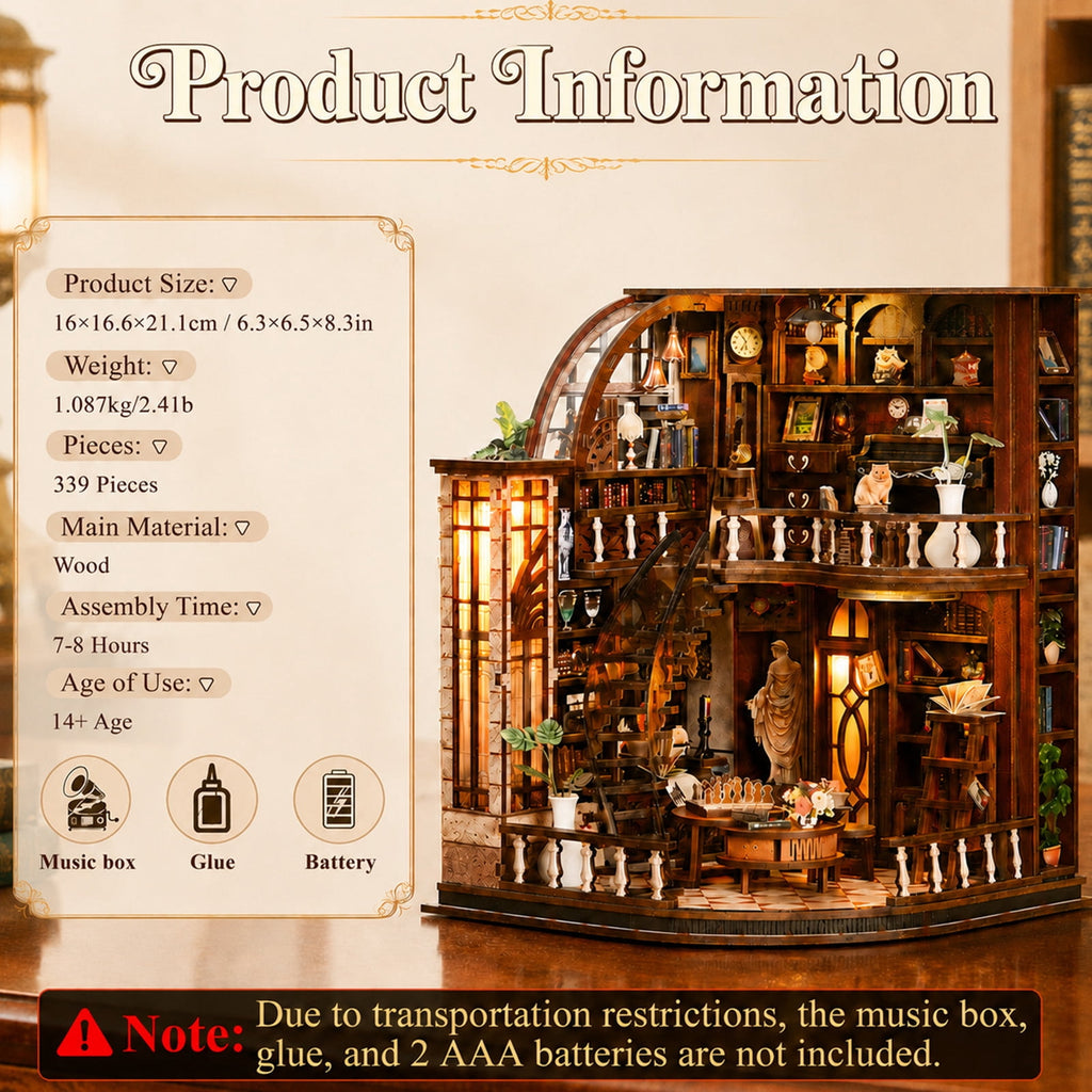 MOJINO Bacchus Bookstore Book Nook Kit for Adults, DIY Miniature House Kit with LED Light, 3D Wooden Puzzle Bookshelf Decor, Vintage Craft Kit