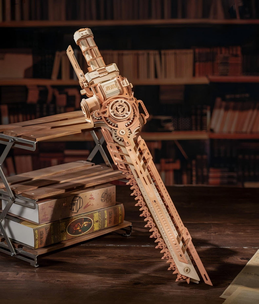 3D Wooden Steampunk Chainsaw Model Kit DIY Building Puzzle Mechanical Steam-Powered Saw Display for Adults