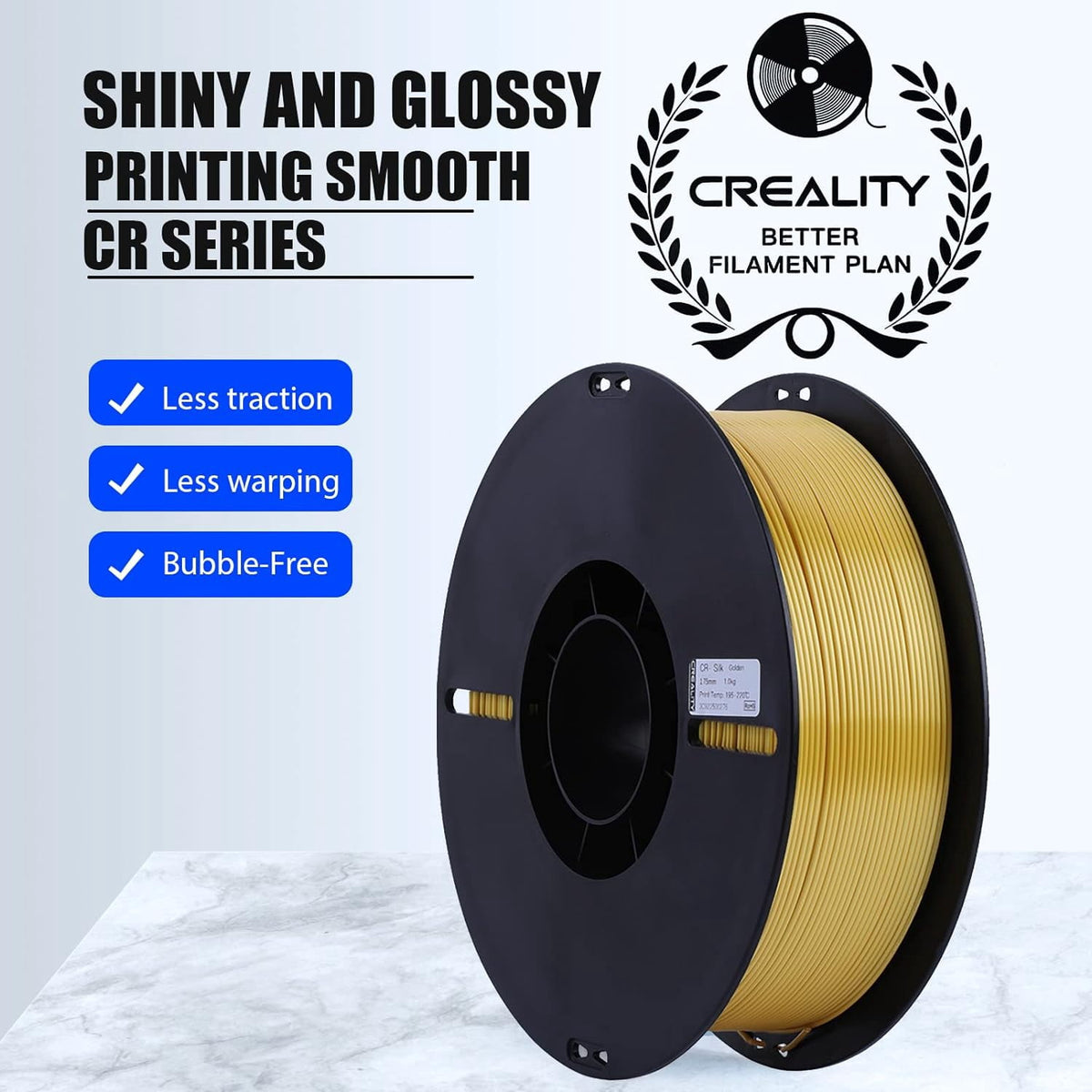 Creality 3D Printing Silk PLA Filament Gold Shiny 1.75mm Filaments Dimensional Accuracy +/- 0.03 mm 2.2lbs for 3D Printers