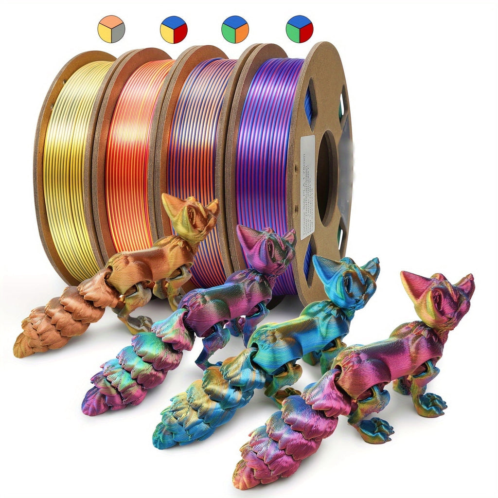 PLA Filament 1.75mm, 3D Printer Filament Bundle, Tri-Color Rainbow PLA Filament with Color Change, 4 x 250g Spools Coextrusion 3D Filament, Total 1kg, Fits Most FDM 3D Printers