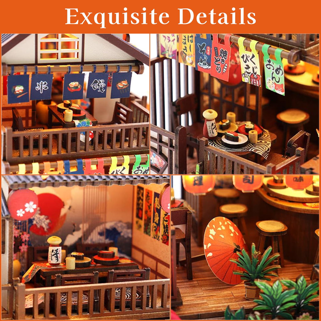 MOJINO Book Nook DIY Miniature House Kit for Adults, Japanese Street Tiny House Dollhouse with LED Light, 3D Wooden Puzzle Bookshelf Decor for Teens and Adults