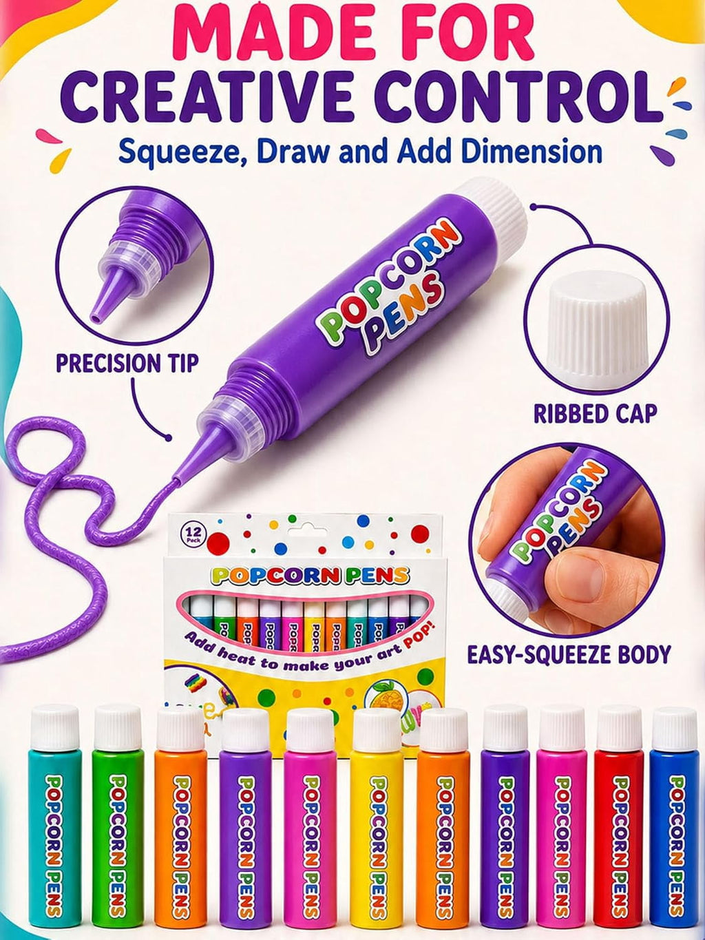 3D Relief Art Pen, Popcornpens Works On Different Surfaces（12 color,2pcs）