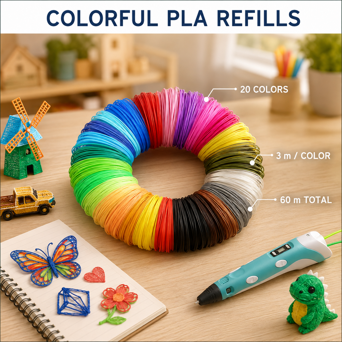 PLA 3D Pen Filament Refills, 20 Colors 3D Printing Filament, 3 Meters Each Color, 60 Meters Total for 3D Drawing and Craft Projects