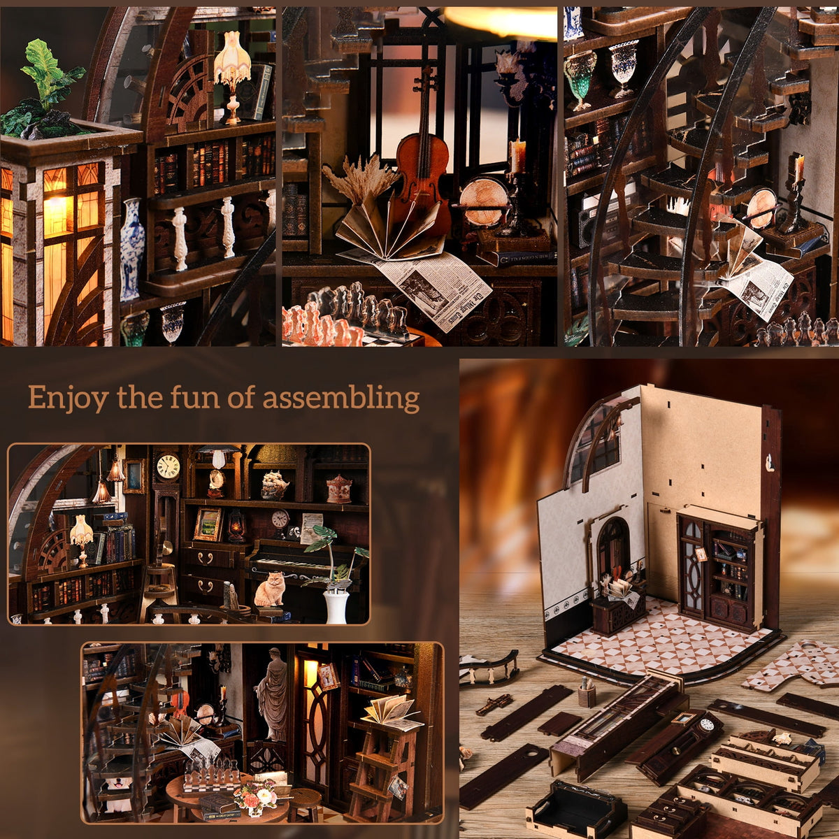 DIY Book Nook Kit with LED Light,Forest Tea Book Club Miniature House Bookshelf Insert Decor, 3D Wooden Puzzle Dollhouse Craft Kit for Adults Teens, Book Lover Gift