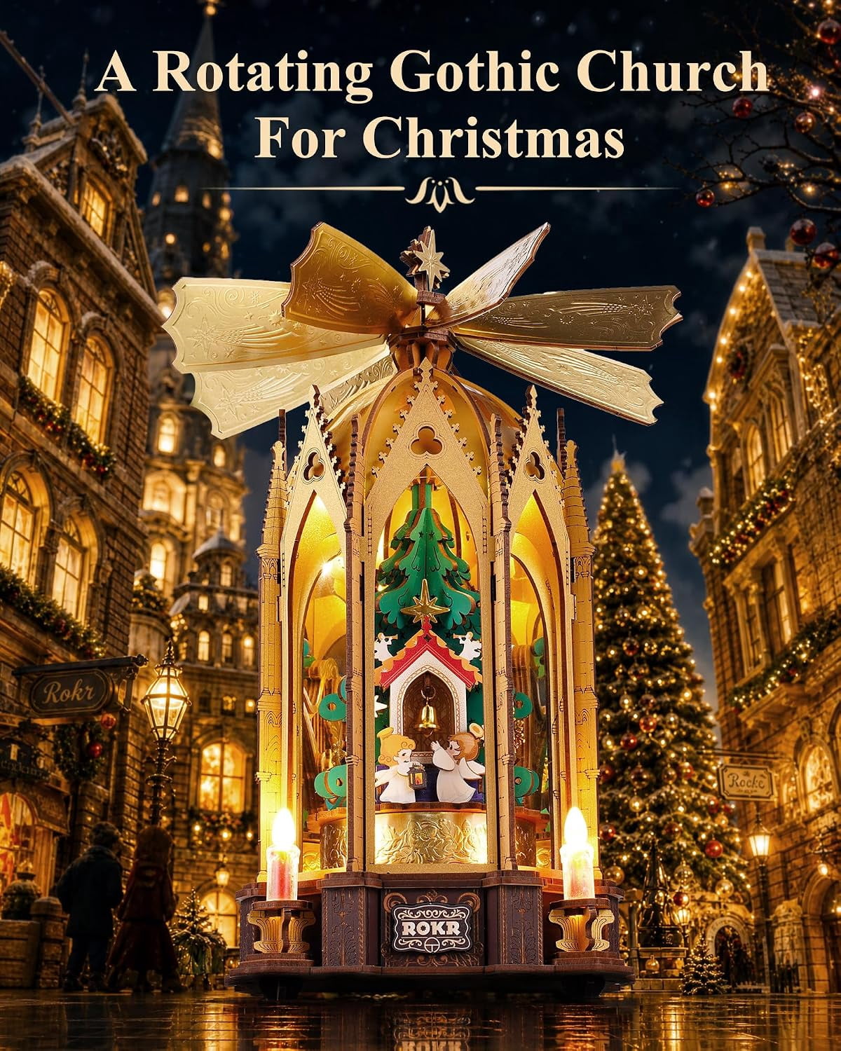 ROKR Blessed Christmas Pyramid, 3D Wooden Puzzle with Rotating Rotor and Candle Powered Movement, 263-Piece DIY Holiday Decor Model for Adults Xmas Gift