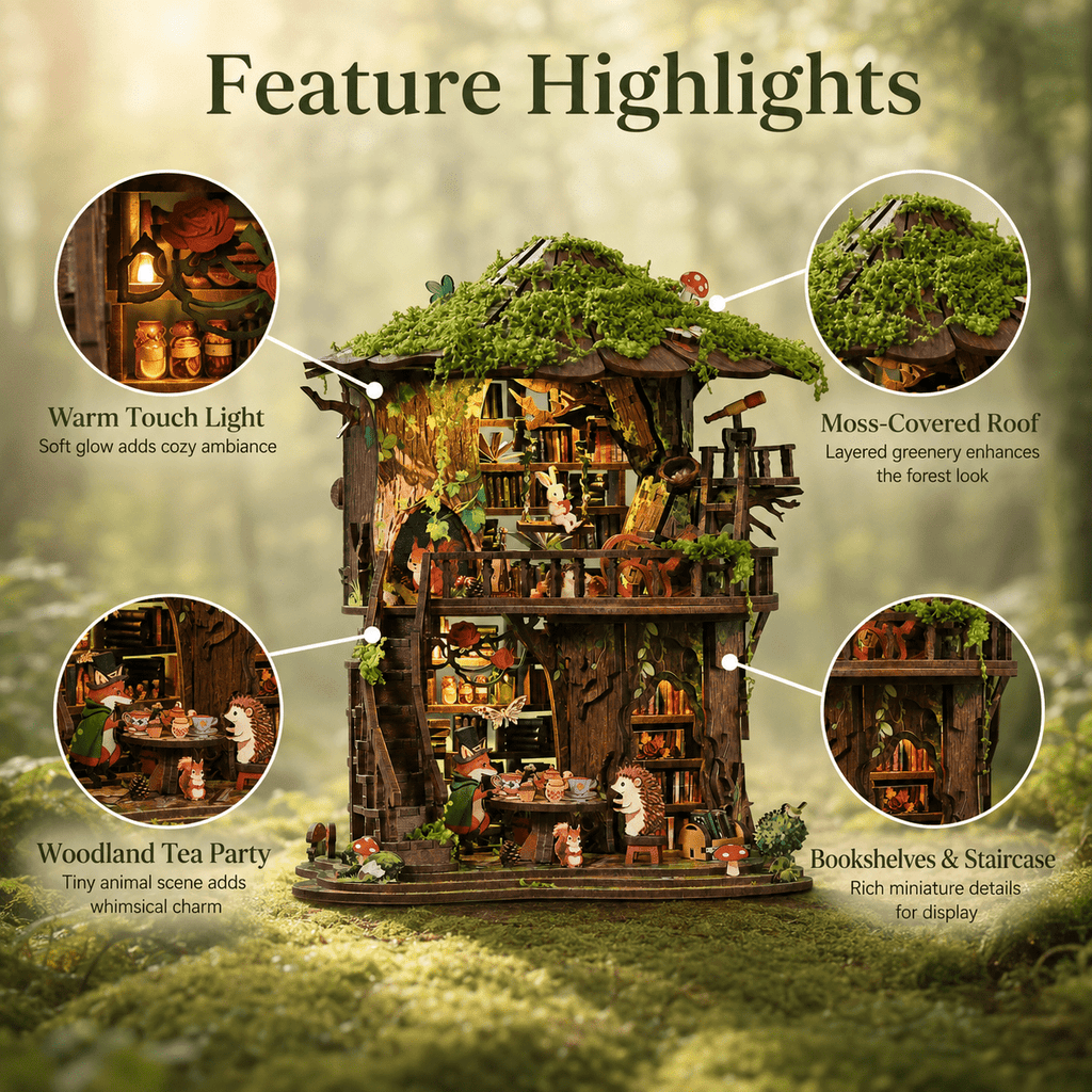 DIY Book Nook Kit with LED Light,Forest Tea Book Club Miniature House Bookshelf Insert Decor, 3D Wooden Puzzle Dollhouse Craft Kit for Adults Teens, Book Lover Gift