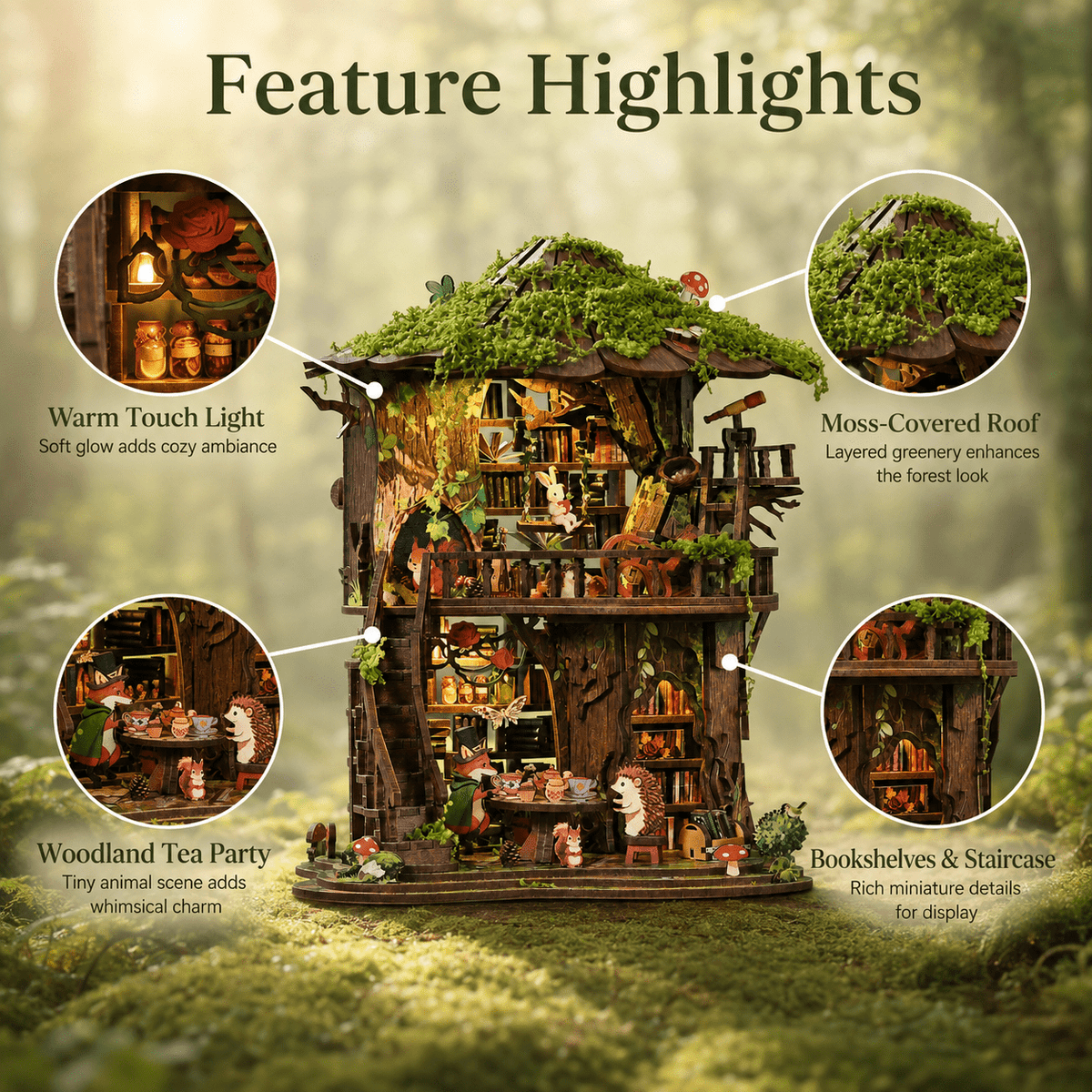 DIY Book Nook Kit with LED Light,Forest Tea Book Club Miniature House Bookshelf Insert Decor, 3D Wooden Puzzle Dollhouse Craft Kit for Adults Teens, Book Lover Gift