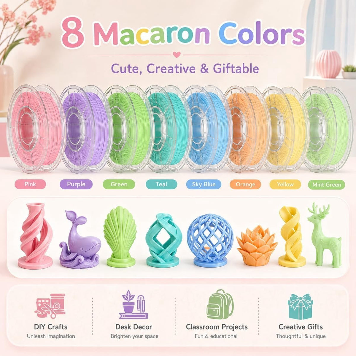JOYNPAYA 8 Pastel PLA Filament Bundle 1.75mm Printer Filament, 2KG