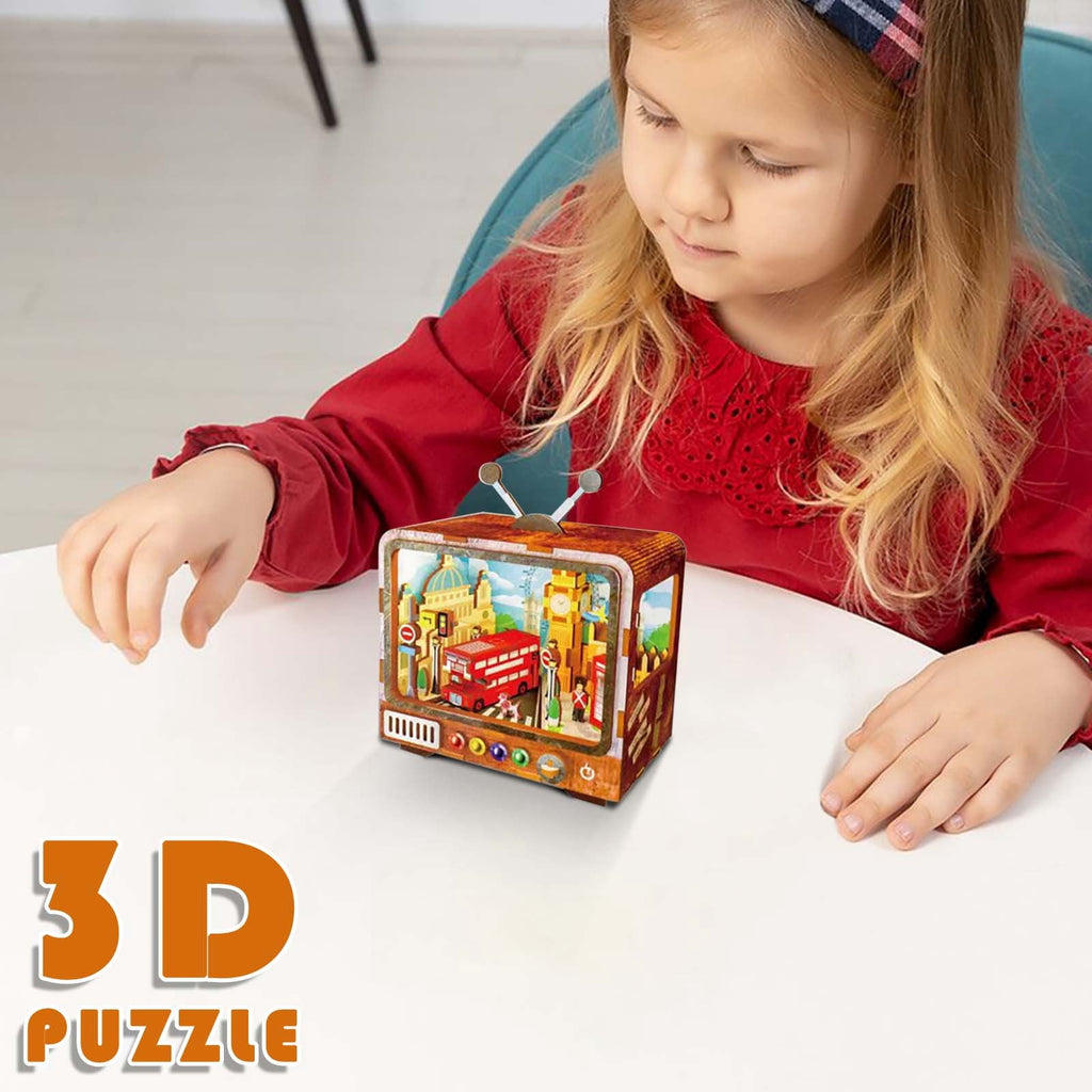 Yardvibe CityVision 3D Wooden Building Puzzle, TV-Shaped 3D Wooden Puzzle with LED Lights & Street View Inside, DIY Craft Model Kit for Adults, Elegant Home Decor & Creative Gift (Japan)