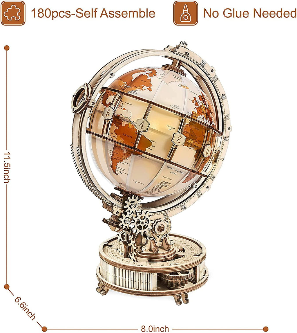 ROKR 6" World Luminous Globe 180 Pieces 3D Wooden Puzzle Model-Self Assembled Tellurion Building Toys