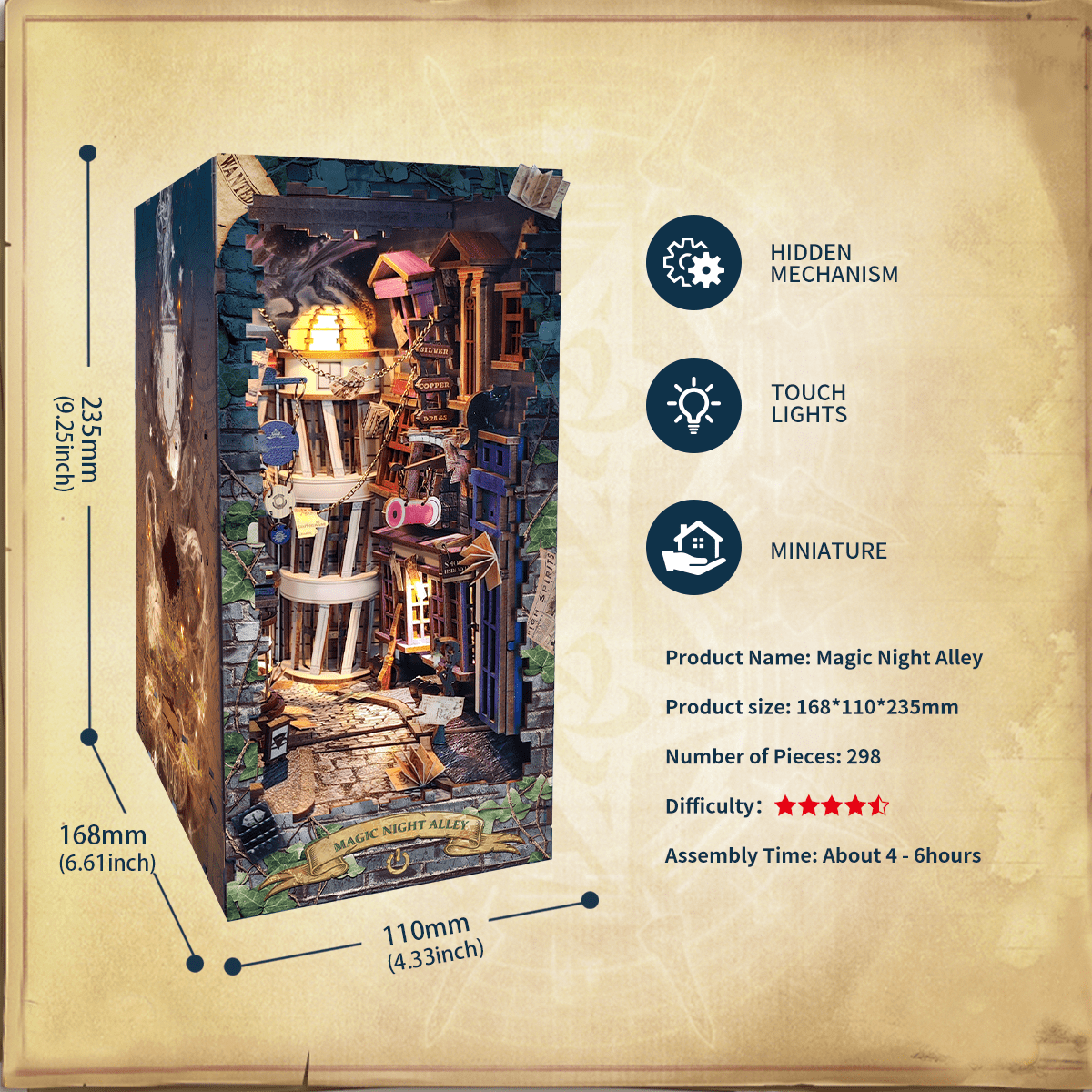Strucwood DIY Book Nook Kit Magic Night Alley Wooden Puzzles with LED Dust Cover,3D Crafts Hobbies,Gifts for Adults(SQ-16)
